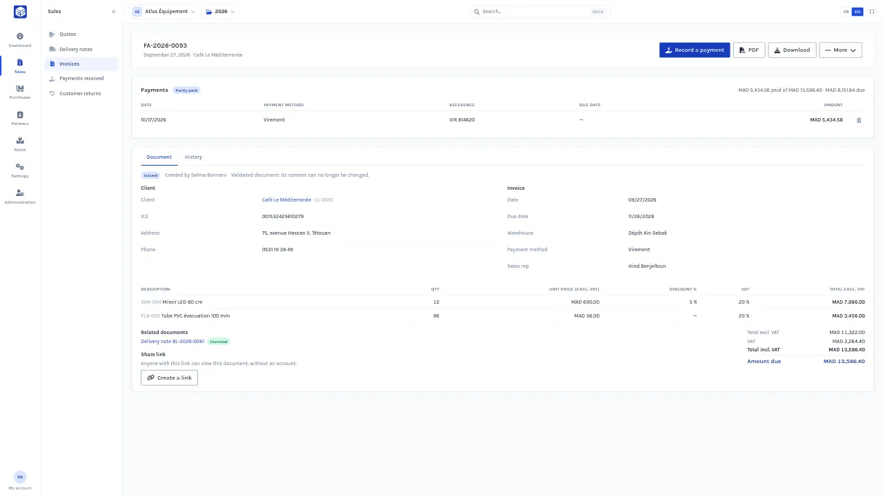 Each invoice tracks its payments: what is paid, what is still due and when cheques fall due.