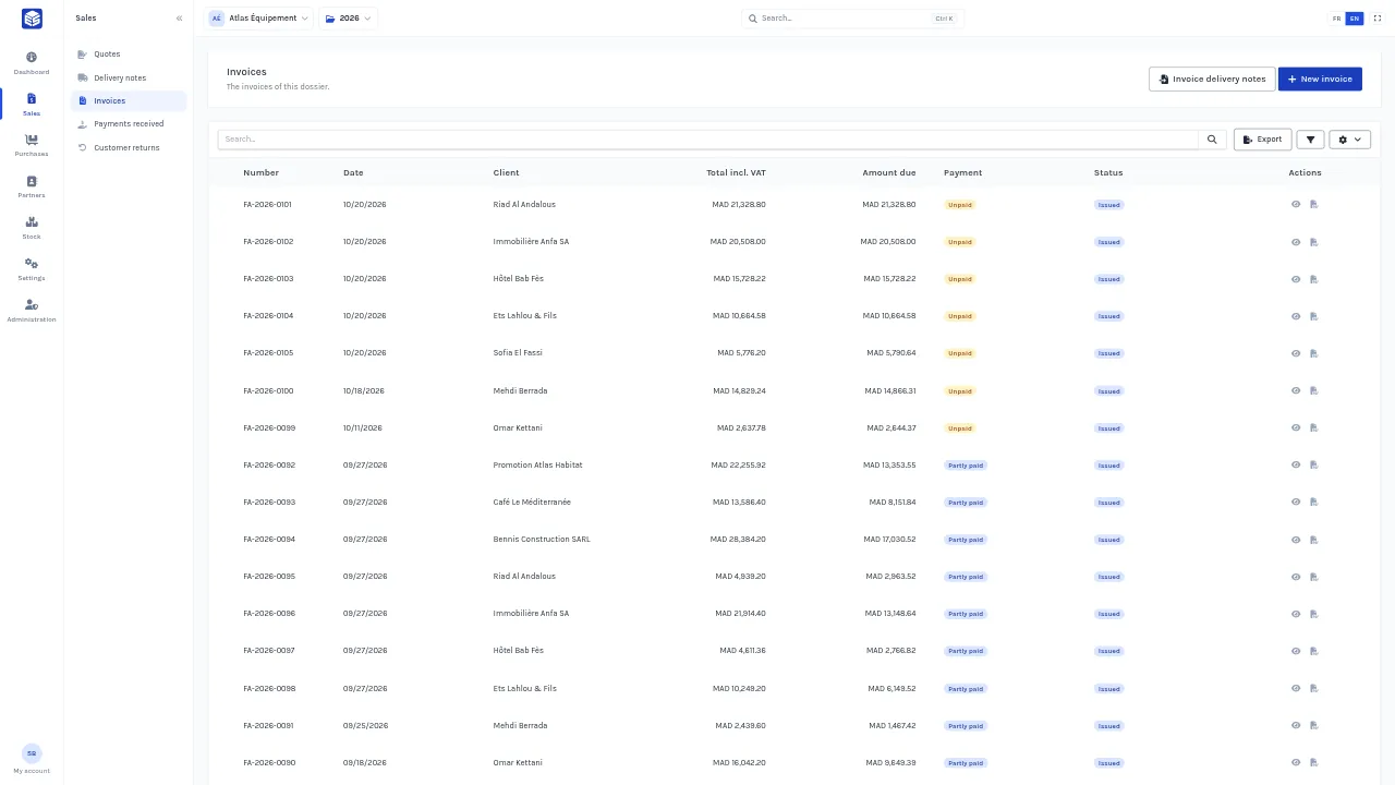 All your invoices with their payment status, ready to filter, export and print in bulk.