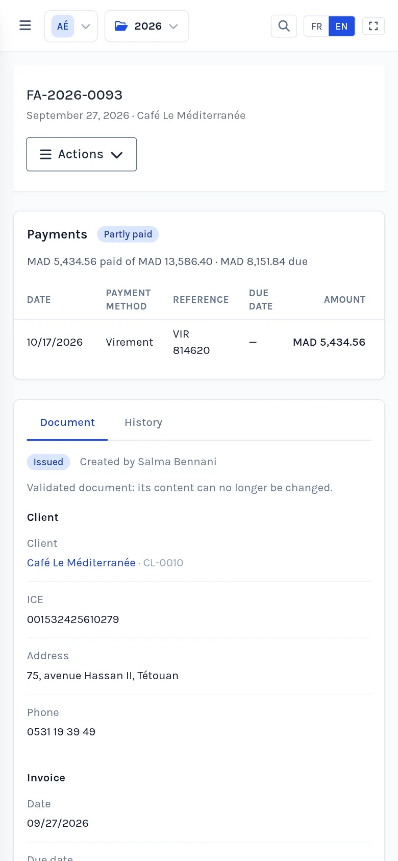 An invoice and its payments on a phone