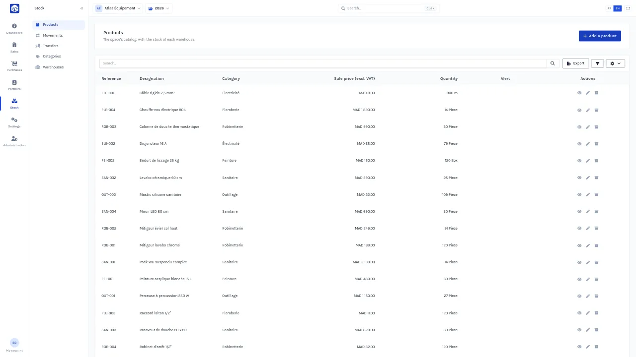 The catalog with stock per warehouse, weighted average cost and low-stock alerts.