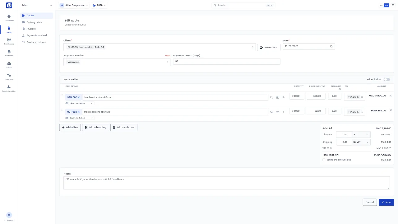 Fast line entry: search by code or barcode, discounts, section headings and subtotals.