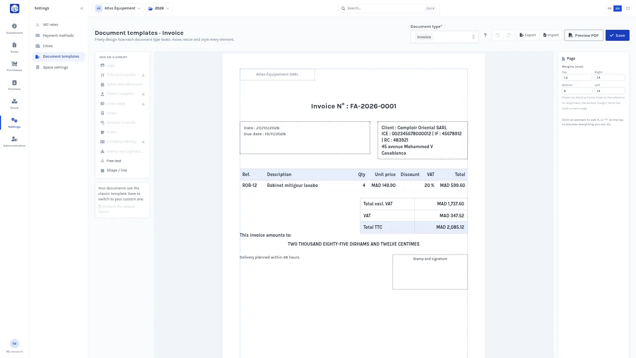 The template editor: place every block of your invoice exactly where you want it.